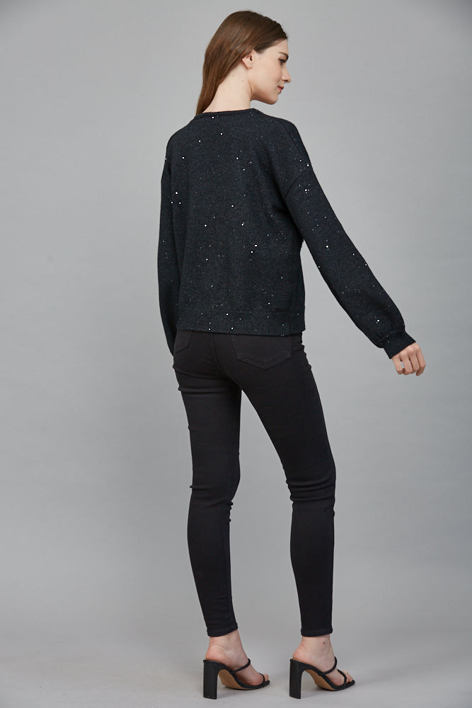 Fate Heather Black Rhinestone Bow Sequin Cardigan Sweater-Cardigans & Kimonos-Fate-Deja Nu Boutique, Women's Fashion Boutique in Lampasas, Texas