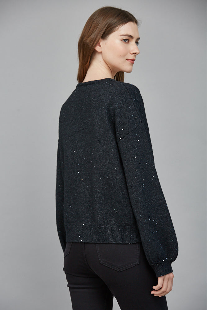 Fate Heather Black Rhinestone Bow Sequin Cardigan Sweater-Cardigans & Kimonos-Fate-Deja Nu Boutique, Women's Fashion Boutique in Lampasas, Texas