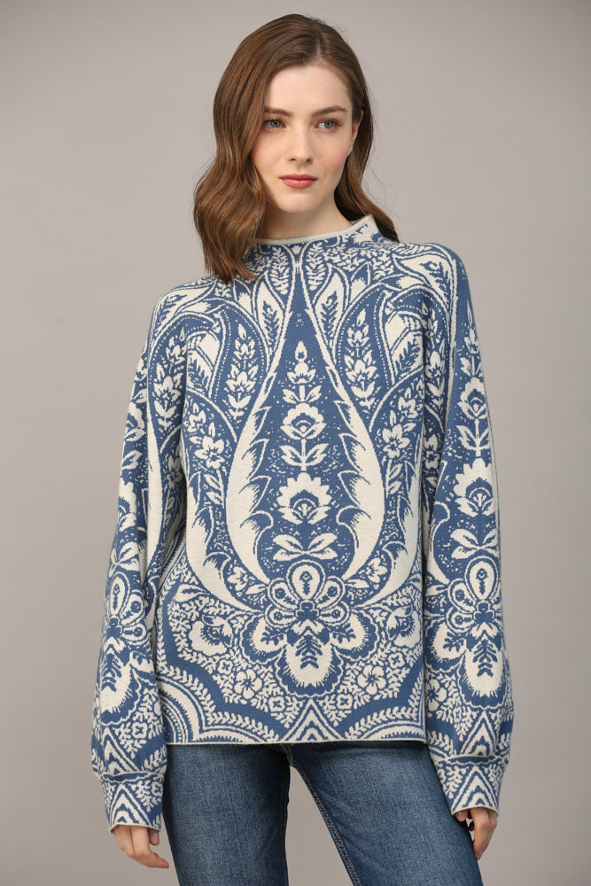 Fate Jacquard Knit Mock Neck Sweater In Blue And Cream-Sweaters-Fate-Deja Nu Boutique, Women's Fashion Boutique in Lampasas, Texas