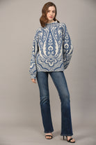 Fate Jacquard Knit Mock Neck Sweater In Blue And Cream-Sweaters-Fate-Deja Nu Boutique, Women's Fashion Boutique in Lampasas, Texas