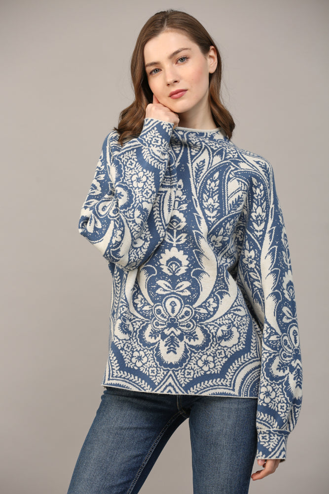 Fate Jacquard Knit Mock Neck Sweater In Blue And Cream-Sweaters-Fate-Deja Nu Boutique, Women's Fashion Boutique in Lampasas, Texas