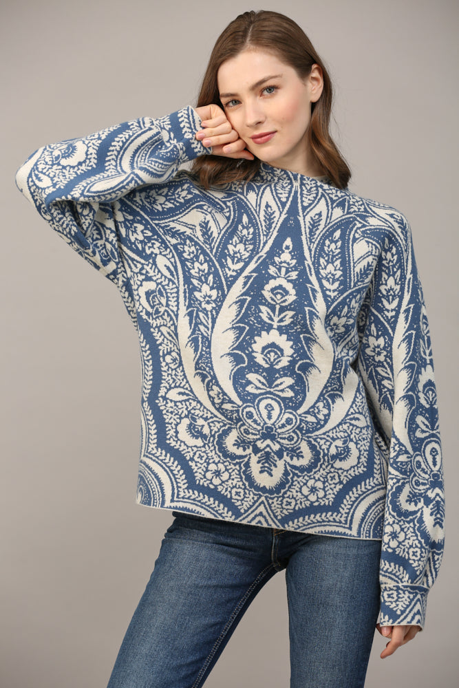 Fate Jacquard Knit Mock Neck Sweater In Blue And Cream-Sweaters-Fate-Deja Nu Boutique, Women's Fashion Boutique in Lampasas, Texas