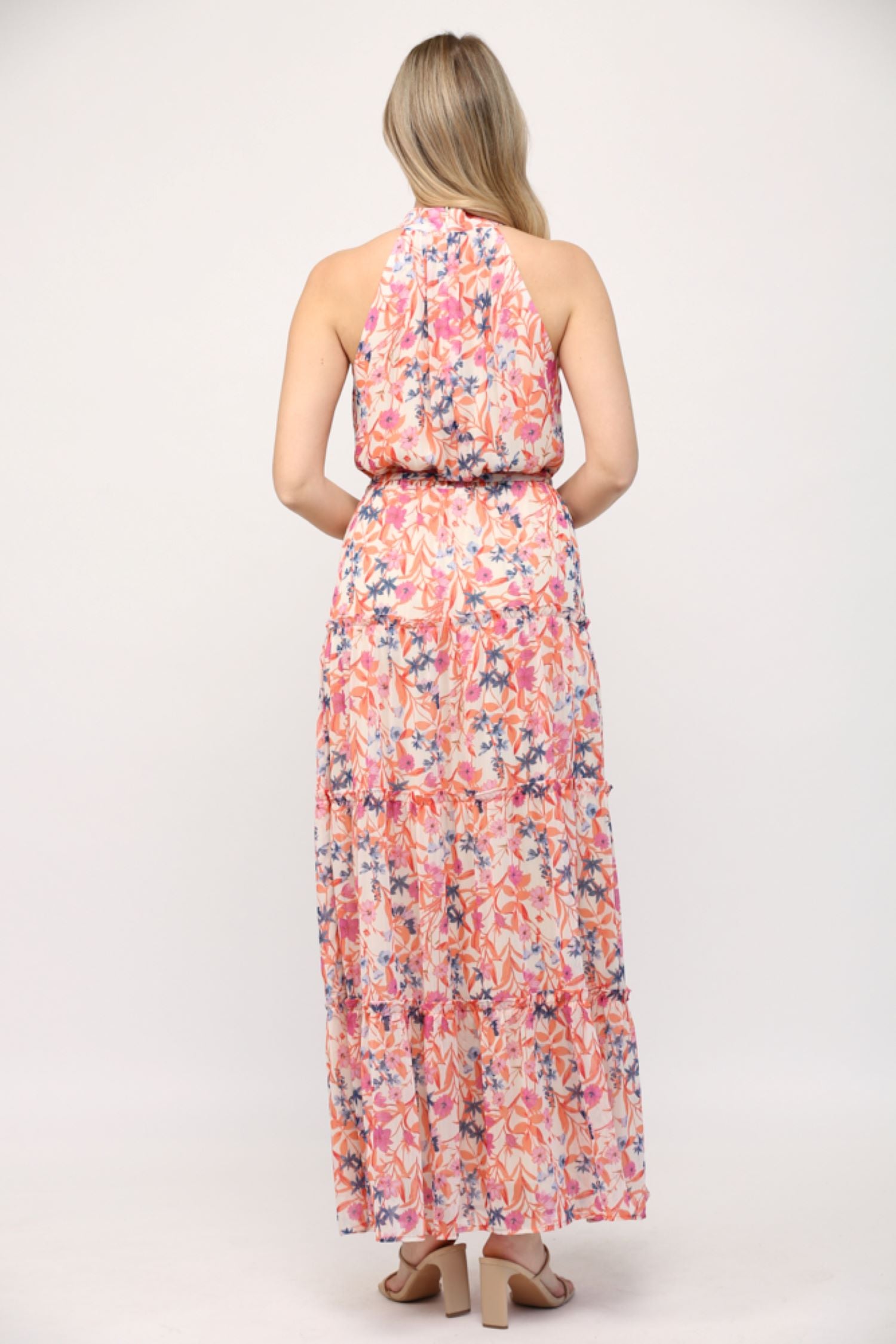 Fate Orange Multi Floral Keyhole Front Ruffle Hem Maxi Dress-Maxi Dresses-Fate-Deja Nu Boutique, Women's Fashion Boutique in Lampasas, Texas