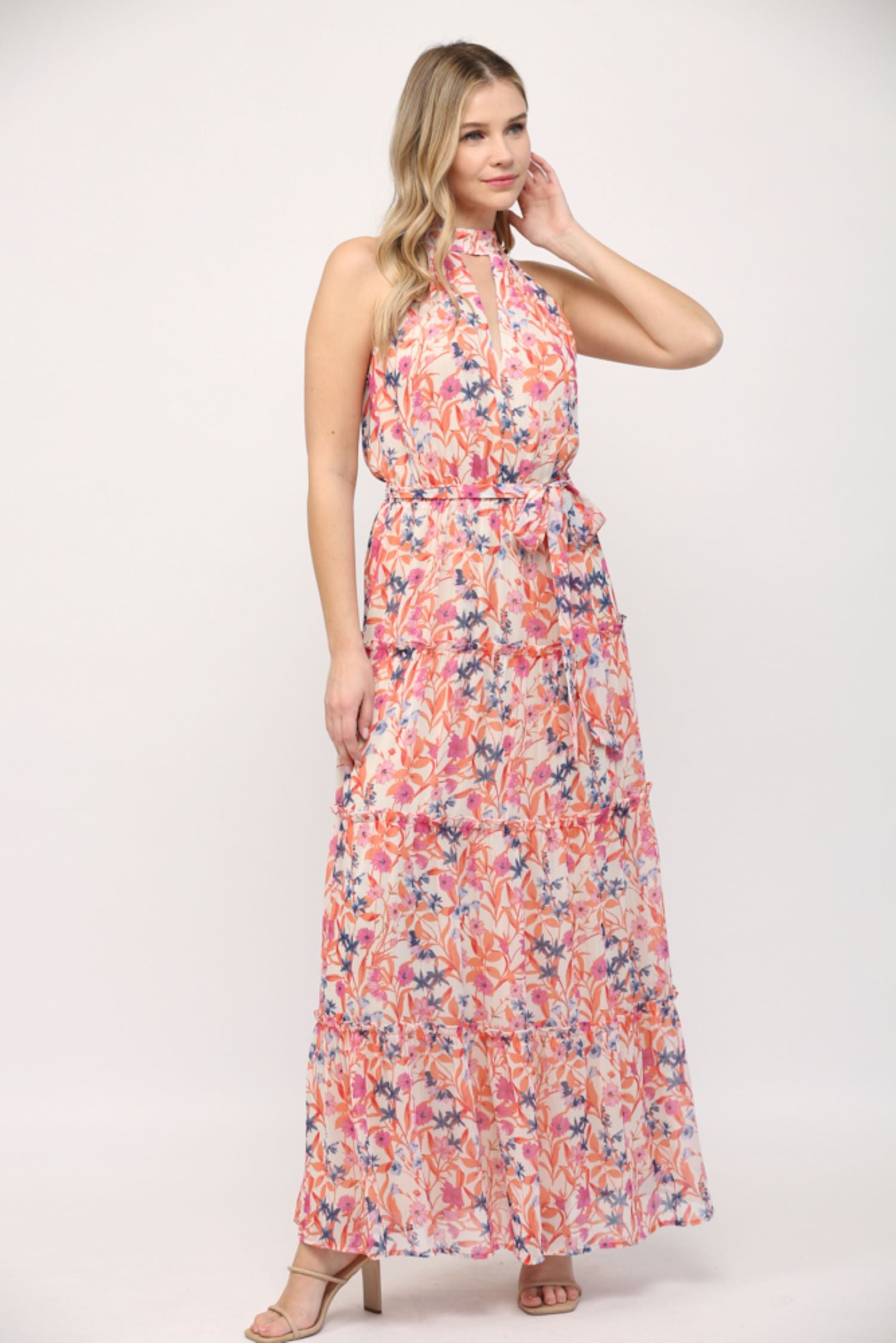 Fate Orange Multi Floral Keyhole Front Ruffle Hem Maxi Dress-Maxi Dresses-Fate-Deja Nu Boutique, Women's Fashion Boutique in Lampasas, Texas