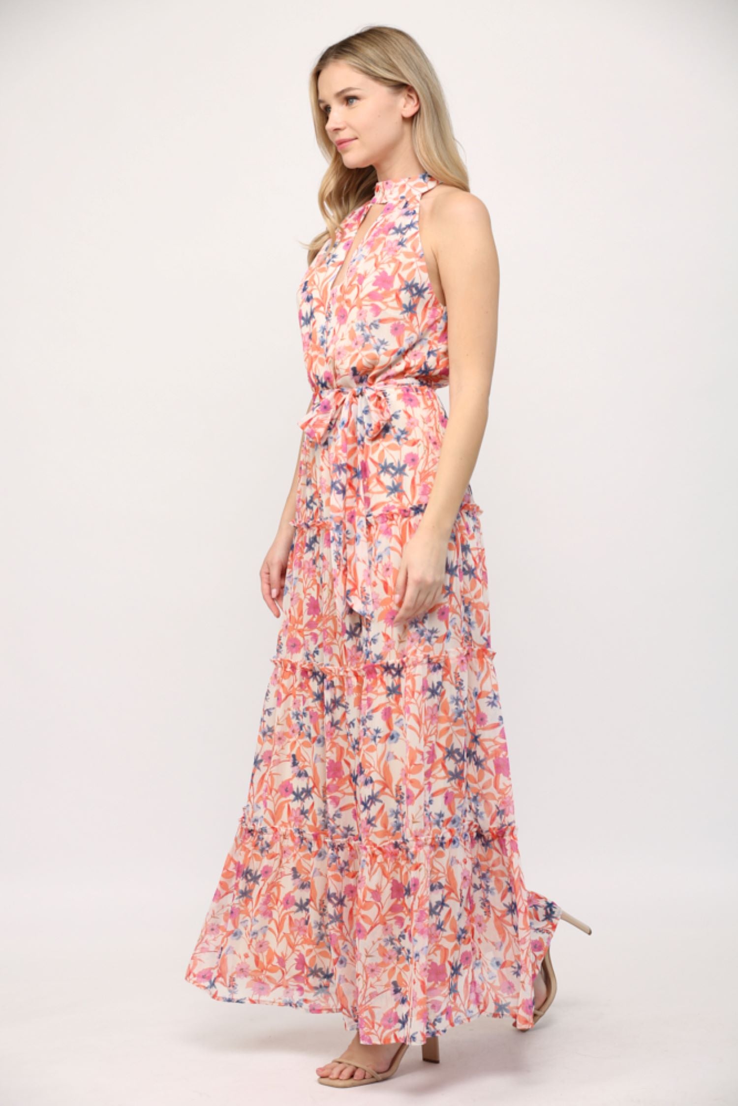 Fate Orange Multi Floral Keyhole Front Ruffle Hem Maxi Dress-Maxi Dresses-Fate-Deja Nu Boutique, Women's Fashion Boutique in Lampasas, Texas