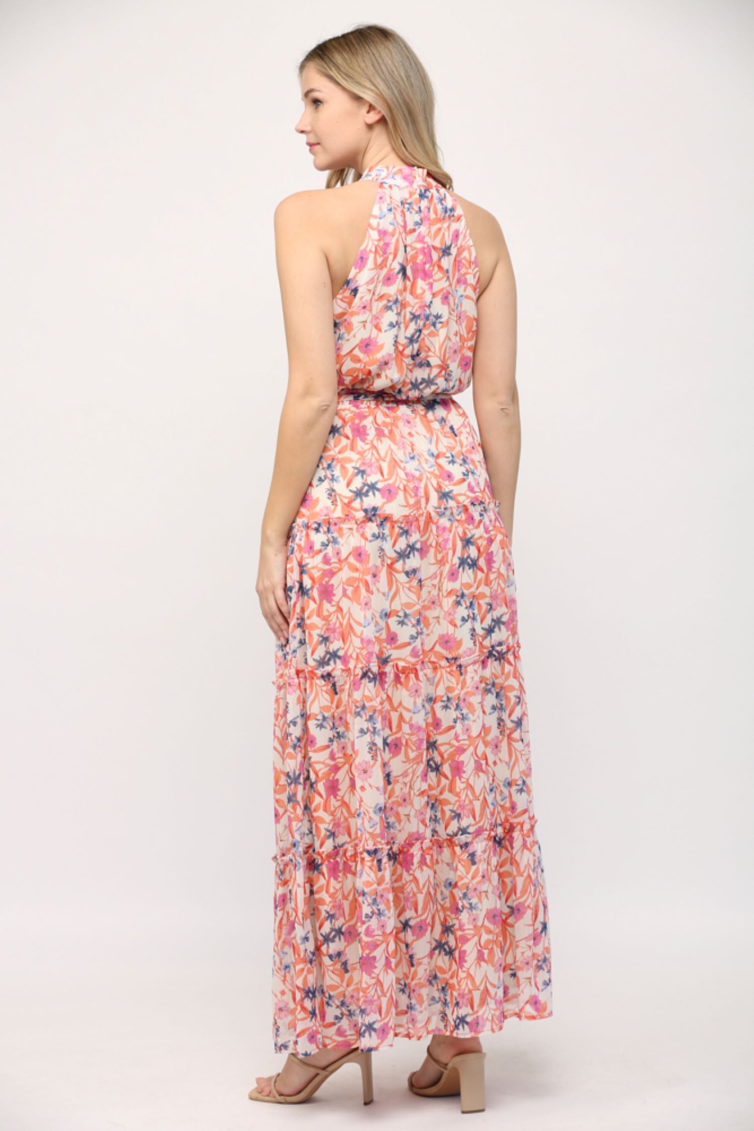 Fate Orange Multi Floral Keyhole Front Ruffle Hem Maxi Dress-Maxi Dresses-Fate-Deja Nu Boutique, Women's Fashion Boutique in Lampasas, Texas