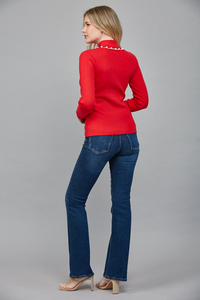 Fate Pearl Trim Red Turtleneck Sweater-Sweaters-Fate-Deja Nu Boutique, Women's Fashion Boutique in Lampasas, Texas