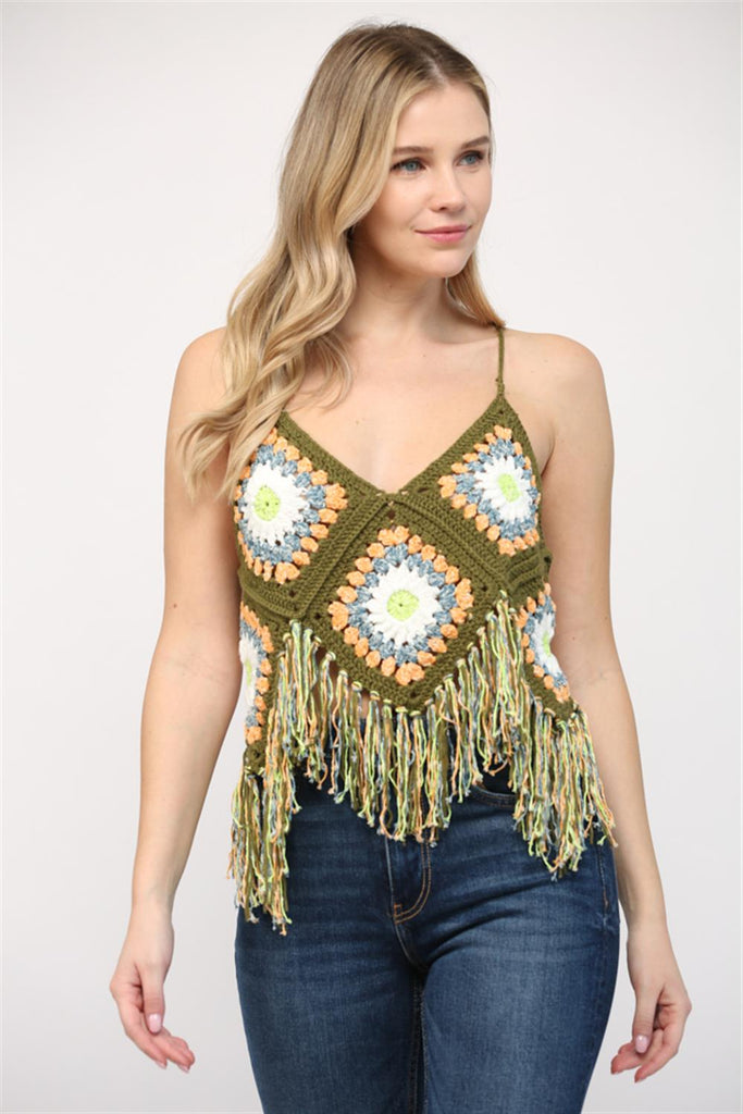 Fate Pointed Fringe Bottom Hem Crochet Tank Top In Olive Multi-Camis/Tanks-Fate-Deja Nu Boutique, Women's Fashion Boutique in Lampasas, Texas