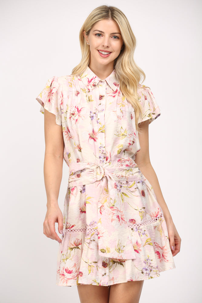 Fate Pink Multi Floral Belted Mini Dress – Chic and Feminine Style-Short Dresses-Fate-Deja Nu Boutique, Women's Fashion Boutique in Lampasas, Texas