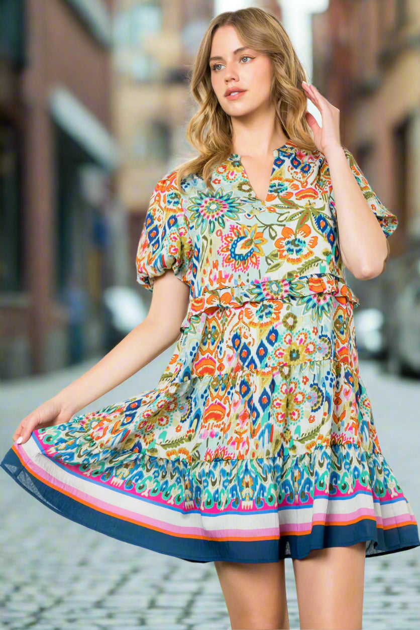 Fiori Puff Sleeve Floral THML Dress – Vibrant & Chic-Dresses-THML-Deja Nu Boutique, Women's Fashion Boutique in Lampasas, Texas