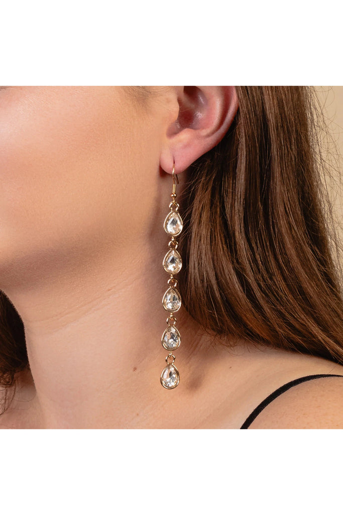 Five Crystal Clear Rhinestone Dangle Earrings In Gold-Earrings-Deja Nu-Deja Nu Boutique, Women's Fashion Boutique in Lampasas, Texas