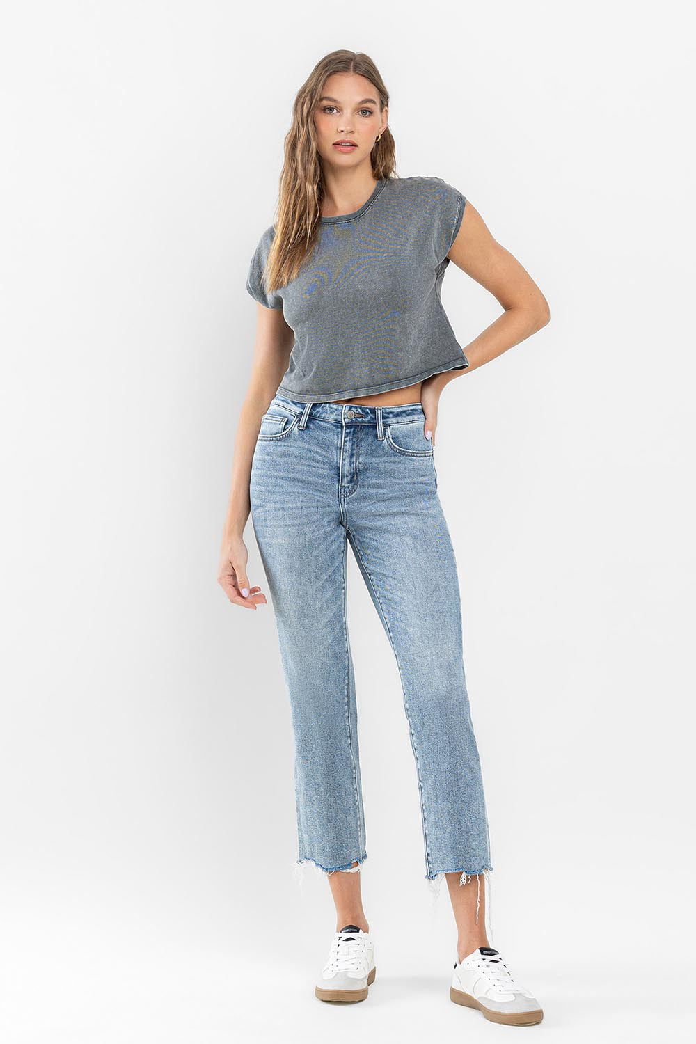 Flying Monkey Ergonomical - High Rise Cropped Distressed Hem Straight Jeans-Jeans-Flying Monkey-Deja Nu Boutique, Women's Fashion Boutique in Lampasas, Texas