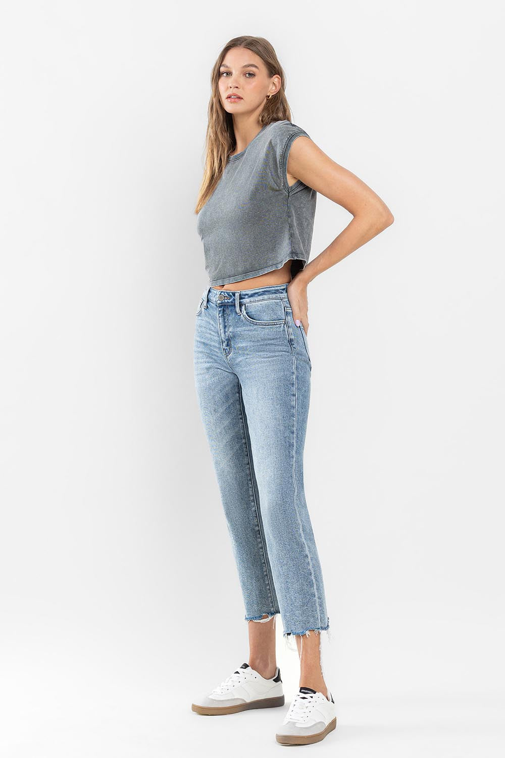 Flying Monkey Ergonomical - High Rise Cropped Distressed Hem Straight Jeans-Jeans-Flying Monkey-Deja Nu Boutique, Women's Fashion Boutique in Lampasas, Texas