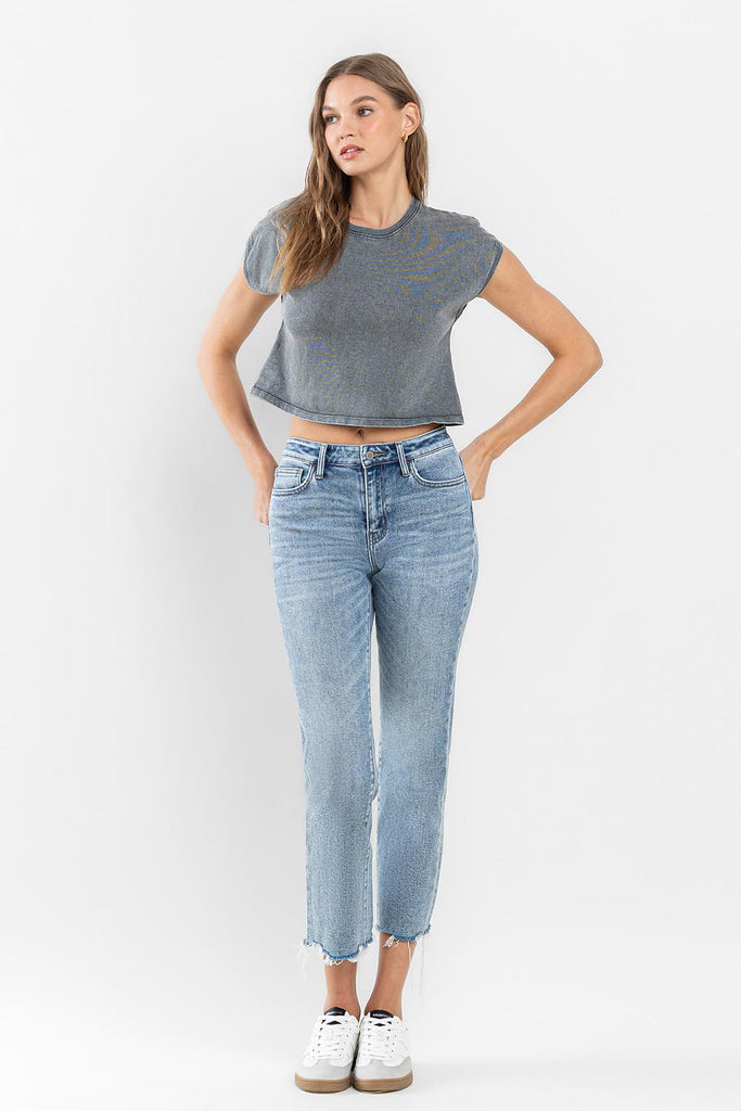 Flying Monkey Ergonomical - High Rise Cropped Distressed Hem Straight Jeans-Jeans-Flying Monkey-Deja Nu Boutique, Women's Fashion Boutique in Lampasas, Texas