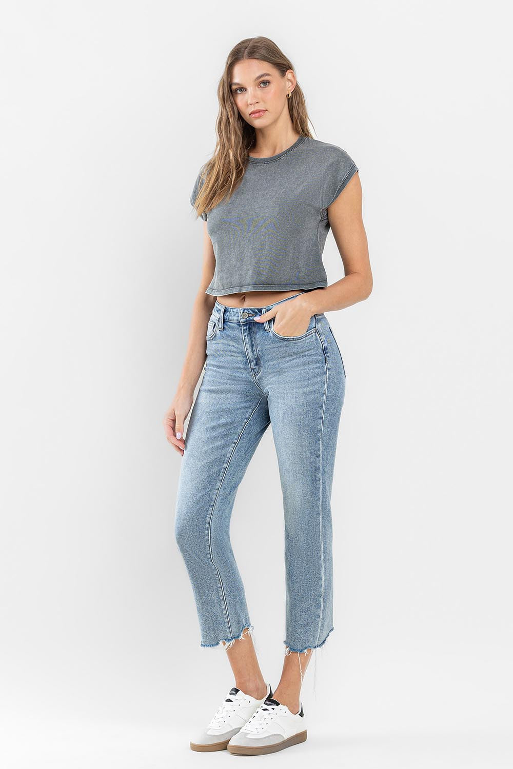 Flying Monkey Ergonomical - High Rise Cropped Distressed Hem Straight Jeans-Jeans-Flying Monkey-Deja Nu Boutique, Women's Fashion Boutique in Lampasas, Texas