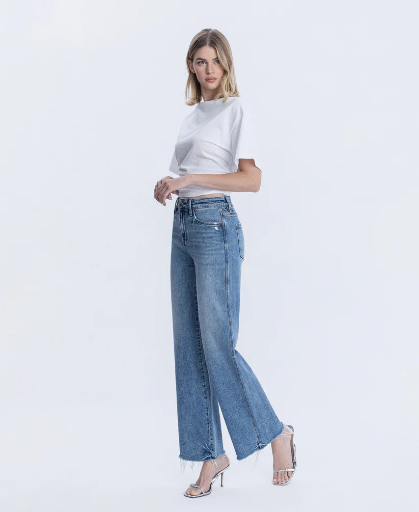Flying Monkey High Rise Distressed Slit Hem Vintage Flare Jeans – Lively Wash-Jeans-Flying Monkey-Deja Nu Boutique, Women's Fashion Boutique in Lampasas, Texas