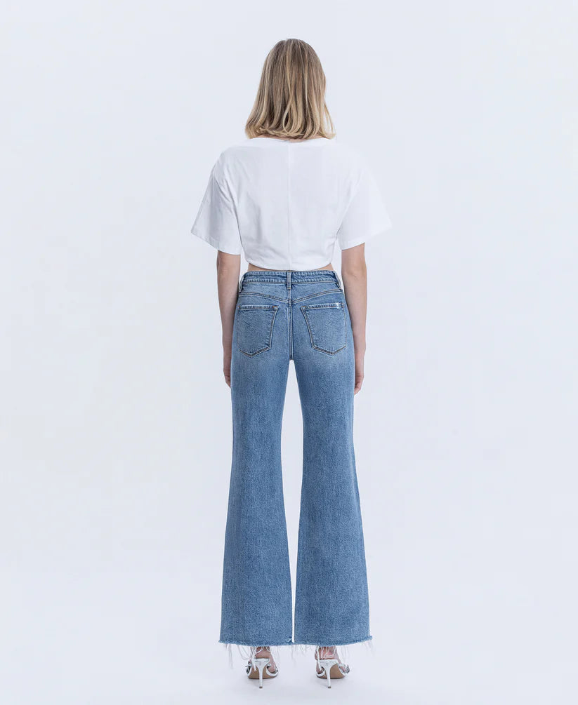 Flying Monkey High Rise Distressed Slit Hem Vintage Flare Jeans – Lively Wash-Jeans-Flying Monkey-Deja Nu Boutique, Women's Fashion Boutique in Lampasas, Texas
