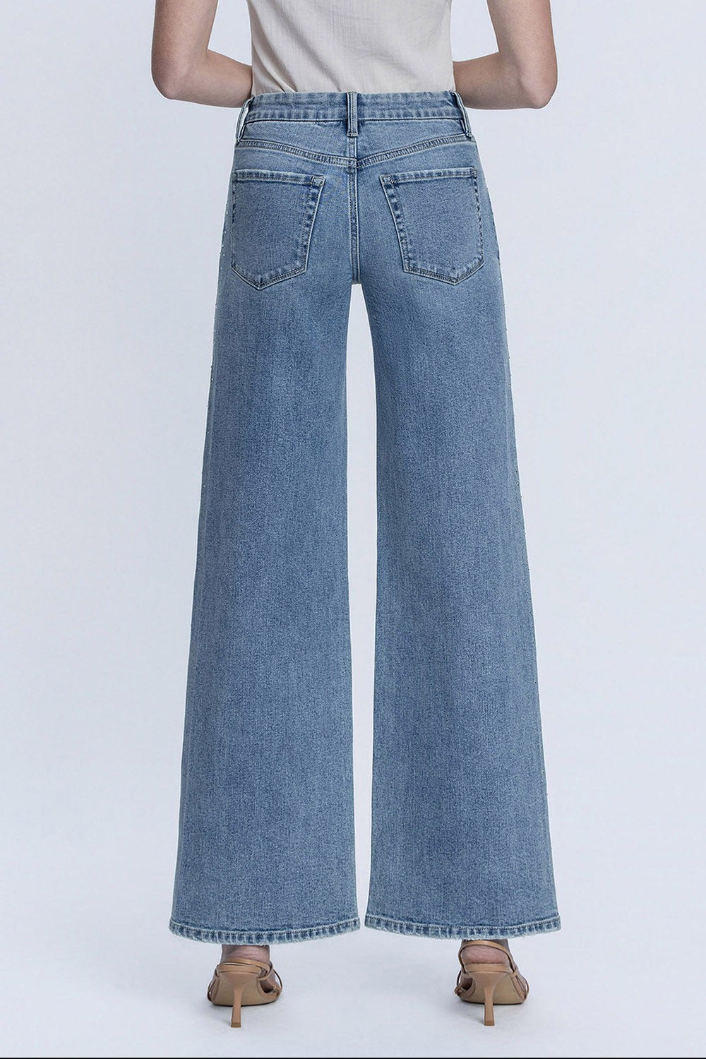 Flying Monkey High Rise Hotfix Stone Wide Leg Jeans – Glow Wash-Jeans-Flying Monkey-Deja Nu Boutique, Women's Fashion Boutique in Lampasas, Texas