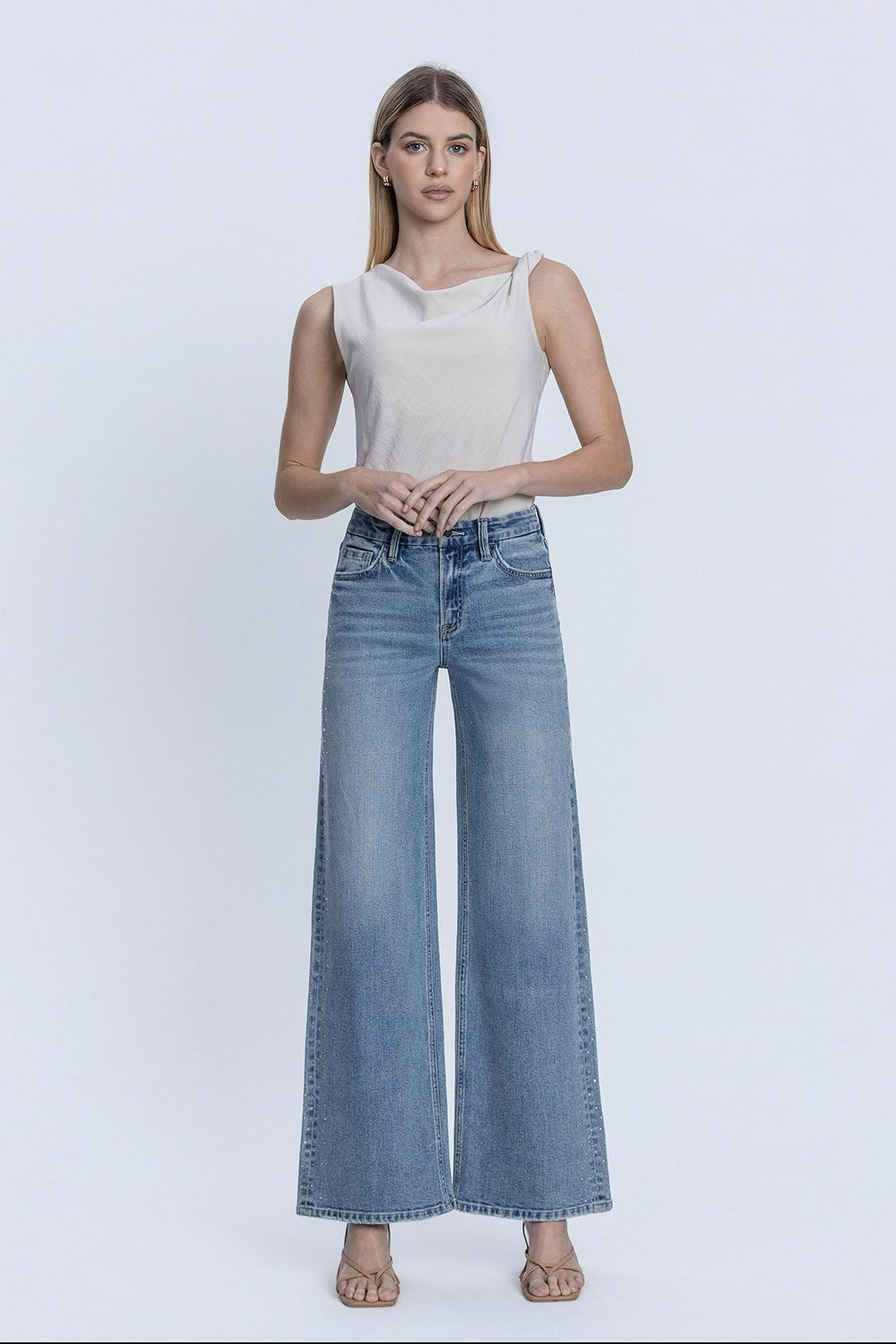 Flying Monkey High Rise Hotfix Stone Wide Leg Jeans – Glow Wash-Jeans-Flying Monkey-Deja Nu Boutique, Women's Fashion Boutique in Lampasas, Texas