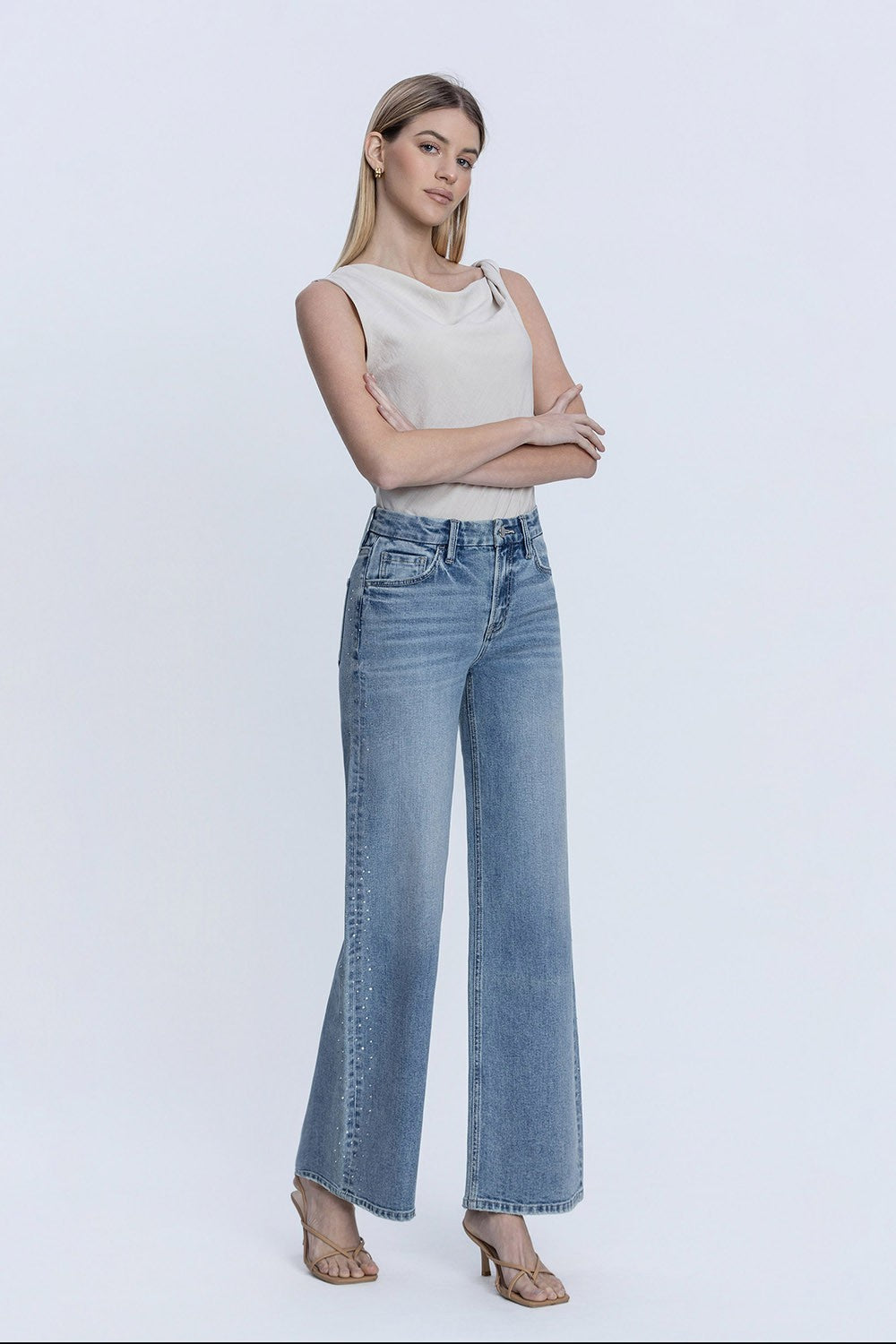 Flying Monkey High Rise Hotfix Stone Wide Leg Jeans – Glow Wash-Jeans-Flying Monkey-Deja Nu Boutique, Women's Fashion Boutique in Lampasas, Texas