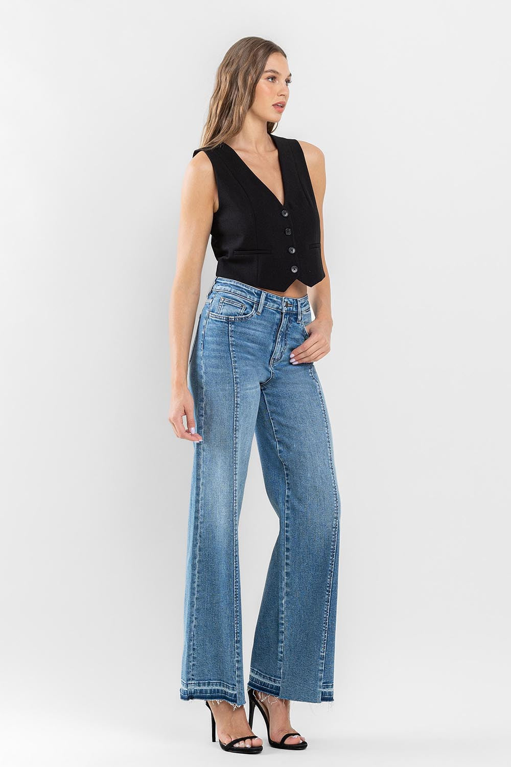 Flying Monkey Super High Rise Split Seam Wide Leg Jeans-Jeans-Flying Monkey-Deja Nu Boutique, Women's Fashion Boutique in Lampasas, Texas