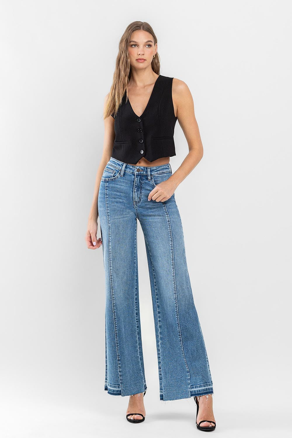 Flying Monkey Super High Rise Split Seam Wide Leg Jeans-Jeans-Flying Monkey-Deja Nu Boutique, Women's Fashion Boutique in Lampasas, Texas