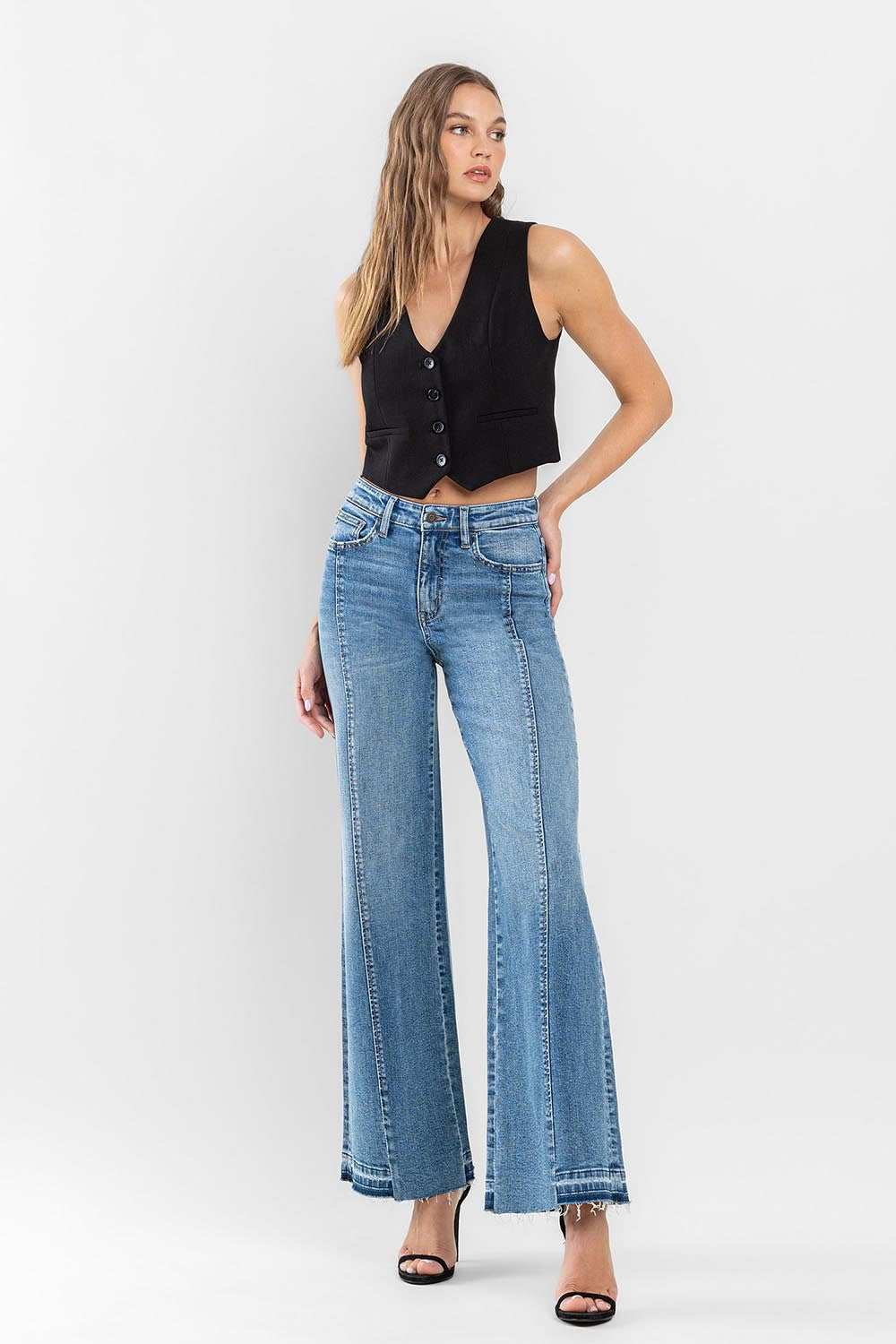 Flying Monkey Super High Rise Split Seam Wide Leg Jeans-Jeans-Flying Monkey-Deja Nu Boutique, Women's Fashion Boutique in Lampasas, Texas