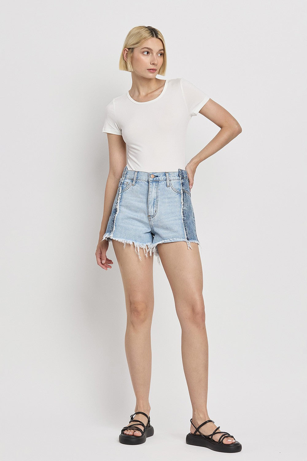 Flying Monkey Two Tone Patch High Rise Denim Shorts In Futuristic-Shorts-Flying Monkey-Deja Nu Boutique, Women's Fashion Boutique in Lampasas, Texas