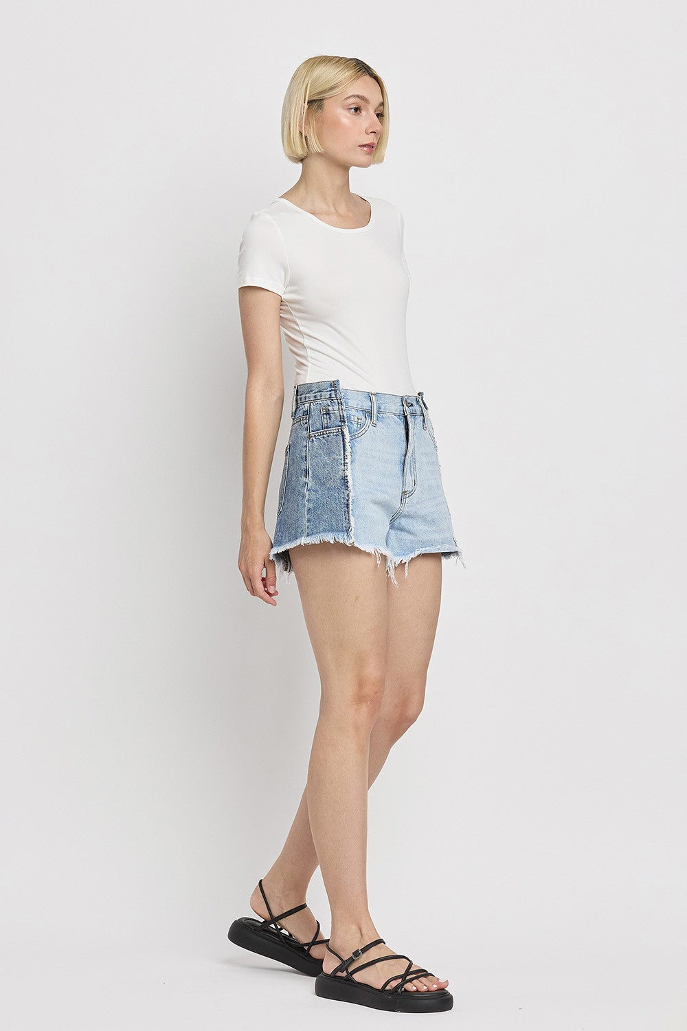 Flying Monkey Two Tone Patch High Rise Denim Shorts In Futuristic-Shorts-Flying Monkey-Deja Nu Boutique, Women's Fashion Boutique in Lampasas, Texas