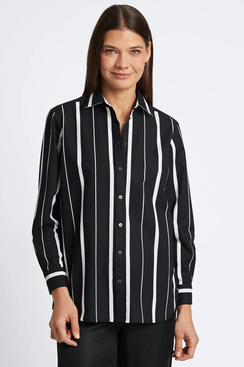 Fox Croft Boyfriend No Iron Black And White Stripe Shirt-Tops-Fox Croft-Deja Nu Boutique, Women's Fashion Boutique in Lampasas, Texas