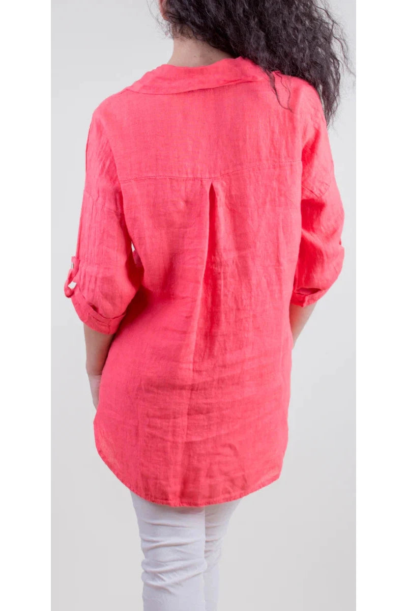 Gigi Moda Navi Linen Button Down Shirt With Flap Pockets In Coral-Tops-Gigi Moda-Deja Nu Boutique, Women's Fashion Boutique in Lampasas, Texas