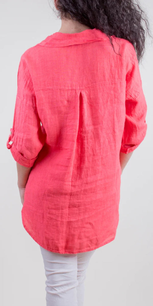 Gigi Moda Navi Linen Button Down Shirt With Flap Pockets In Coral-Tops-Gigi Moda-Deja Nu Boutique, Women's Fashion Boutique in Lampasas, Texas