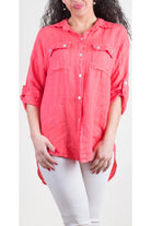 Gigi Moda Navi Linen Button Down Shirt With Flap Pockets In Coral-Tops-Gigi Moda-Deja Nu Boutique, Women's Fashion Boutique in Lampasas, Texas