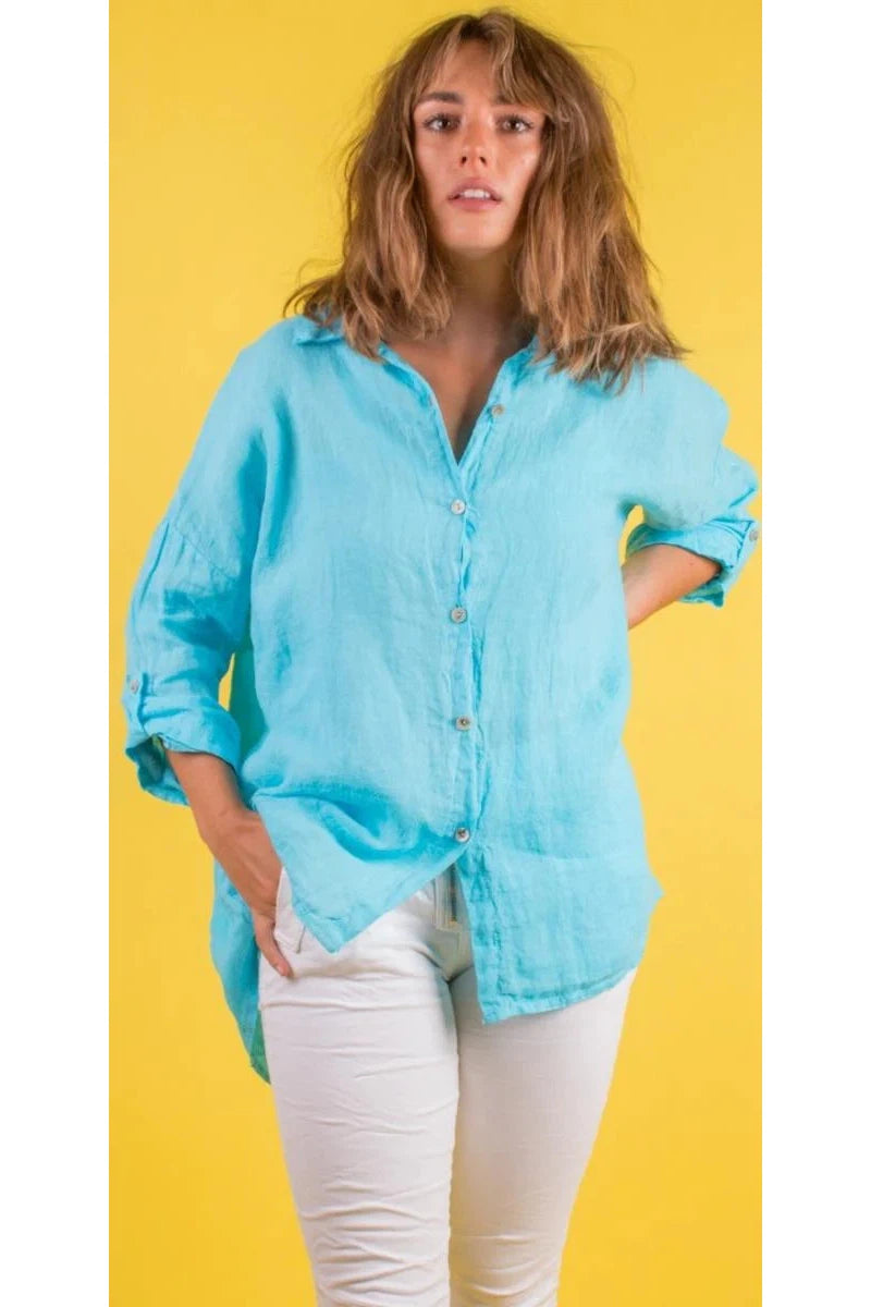 Gigi Moda Terina Linen Button Down Shirt In Turquoise-Tops-Gigi Moda-Deja Nu Boutique, Women's Fashion Boutique in Lampasas, Texas