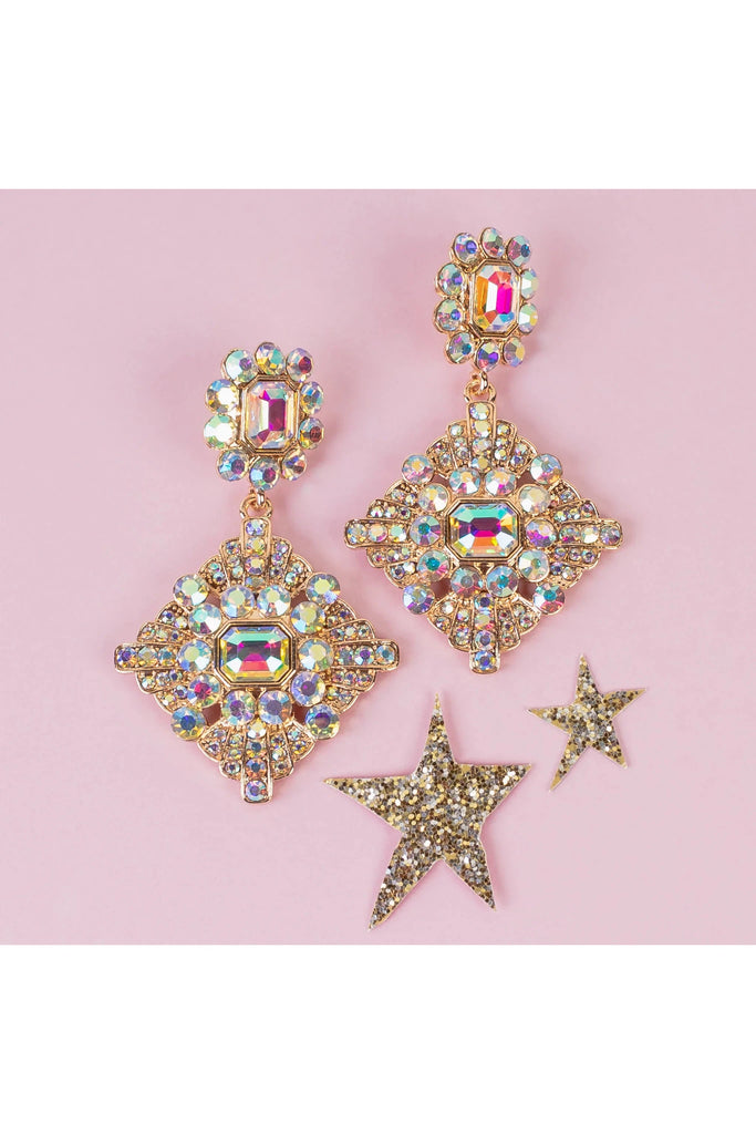 Glamorous Gold AB Rhinestone Drop Medallion Dangle Earring-Earrings-Deja Nu-Deja Nu Boutique, Women's Fashion Boutique in Lampasas, Texas