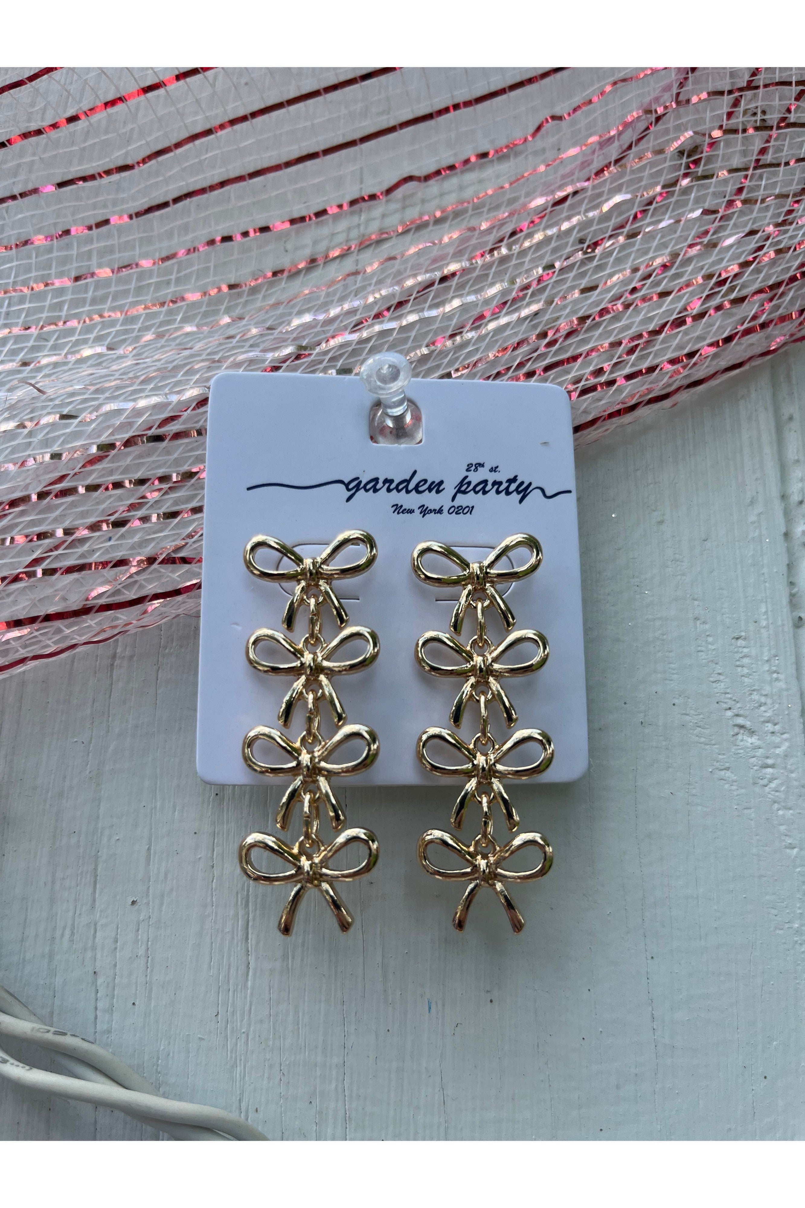 Gold Bow Three Tiered Drop Earrings-Earrings-Deja Nu-Deja Nu Boutique, Women's Fashion Boutique in Lampasas, Texas