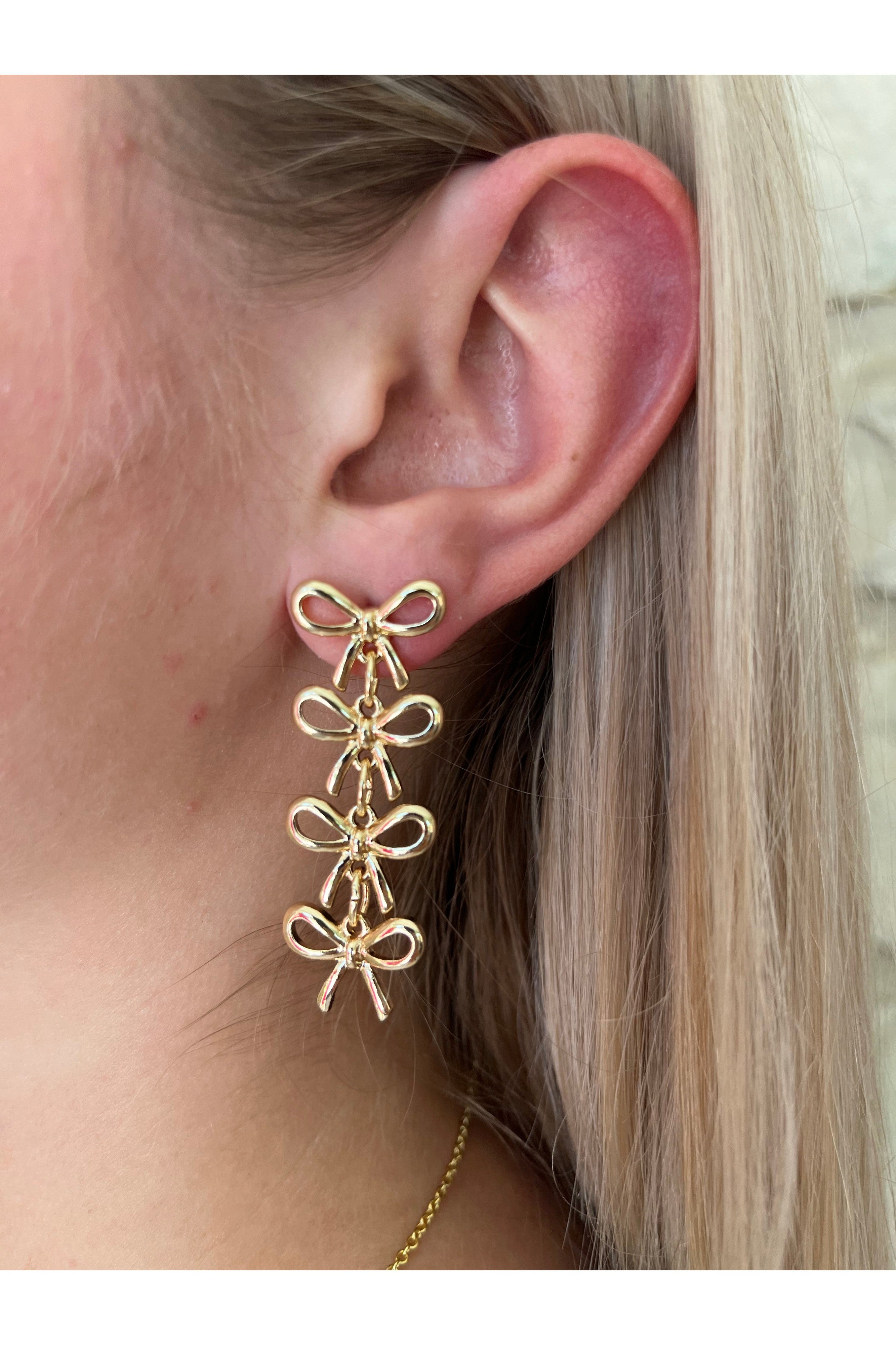 Gold Bow Three Tiered Drop Earrings-Earrings-Deja Nu-Deja Nu Boutique, Women's Fashion Boutique in Lampasas, Texas