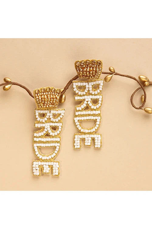 Gold Crown Dangle Bride Seed Bead Earrings-Earrings-Deja Nu-Deja Nu Boutique, Women's Fashion Boutique in Lampasas, Texas