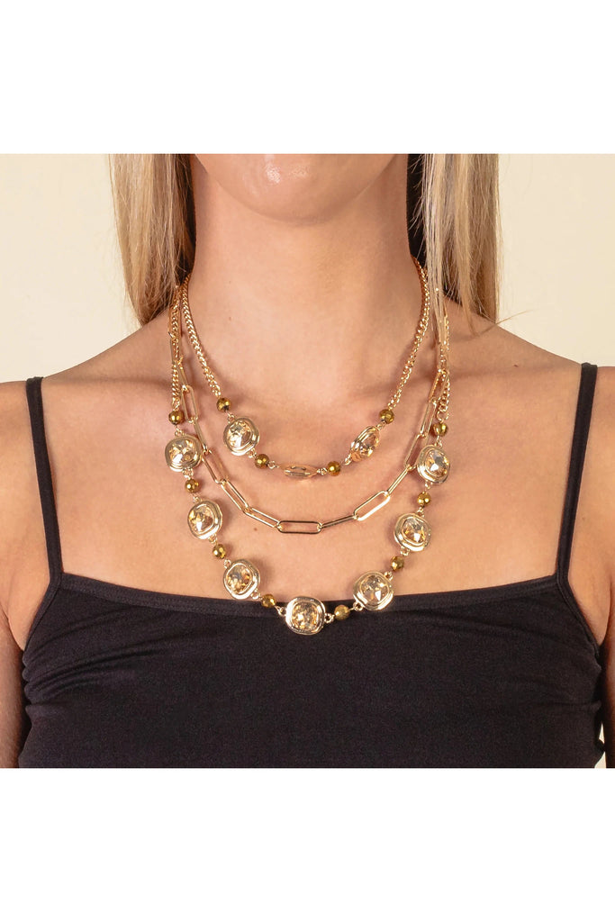 Golden Gleam: Triple Layered Chain Necklace With Square AB Crystal Accents-Necklaces-Deja Nu-Deja Nu Boutique, Women's Fashion Boutique in Lampasas, Texas