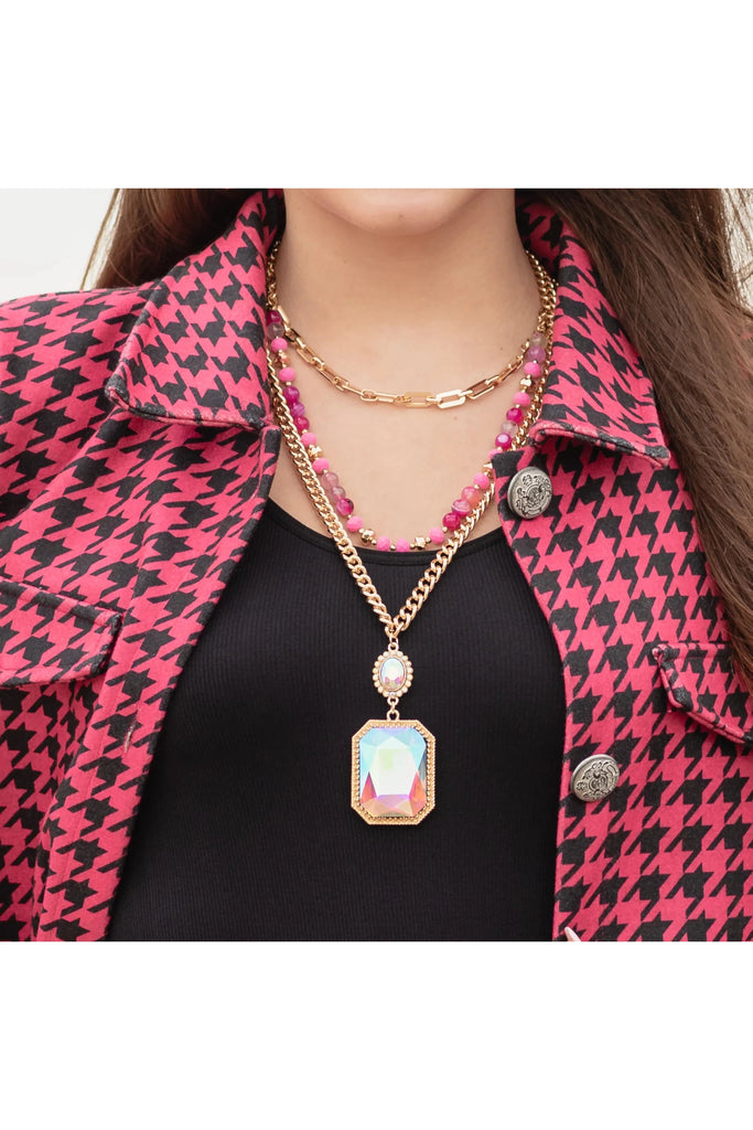 Gorgeous Gold Multi-Layered AB Crystal Pendant Necklace With Fuchsia Beads-Necklaces-Deja Nu-Deja Nu Boutique, Women's Fashion Boutique in Lampasas, Texas