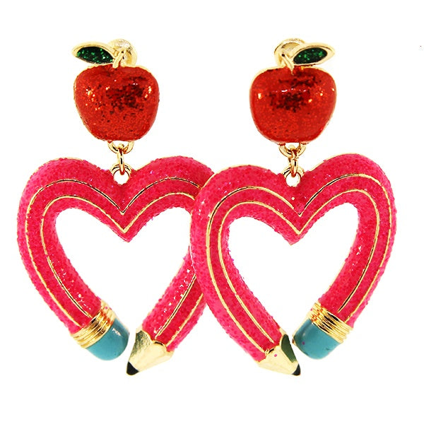 Heart Pencil Enamel Earrings with Red Apple Stud In Bright Yellow Or Hot Pink-Earrings-Deja Nu Tx-Deja Nu Boutique, Women's Fashion Boutique in Lampasas, Texas