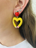 Heart Pencil Enamel Earrings with Red Apple Stud In Bright Yellow Or Hot Pink-Earrings-Deja Nu Tx-Deja Nu Boutique, Women's Fashion Boutique in Lampasas, Texas