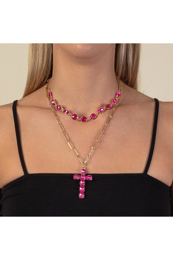 Hot Pink Crystal Cross Layered Cross Necklace With Gold Chains-Necklaces-Deja Nu-Deja Nu Boutique, Women's Fashion Boutique in Lampasas, Texas