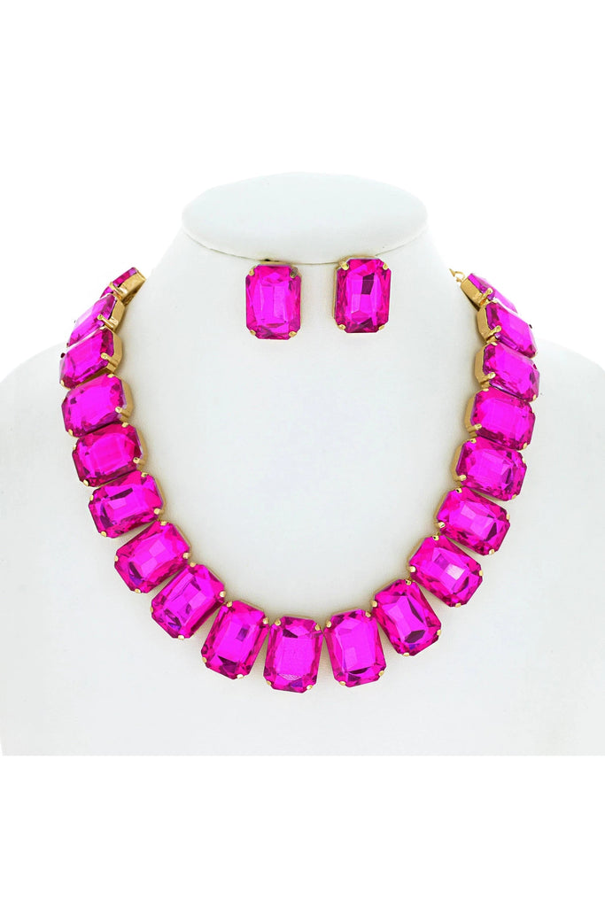 Hot Pink Glamour Crystal Octagon Cut Collar Necklace Set-Jewelry Sets-Deja Nu Tx-Deja Nu Boutique, Women's Fashion Boutique in Lampasas, Texas