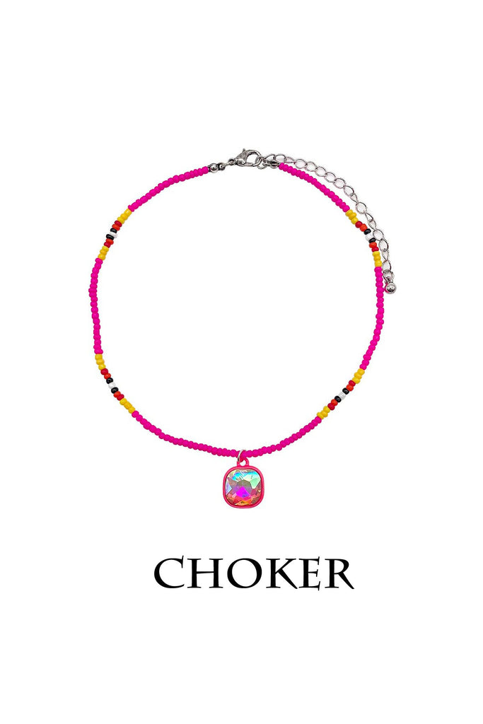 Hot Pink Seed Bead Glass Stone Pendant Choker-Necklaces-Deja Nu-Deja Nu Boutique, Women's Fashion Boutique in Lampasas, Texas