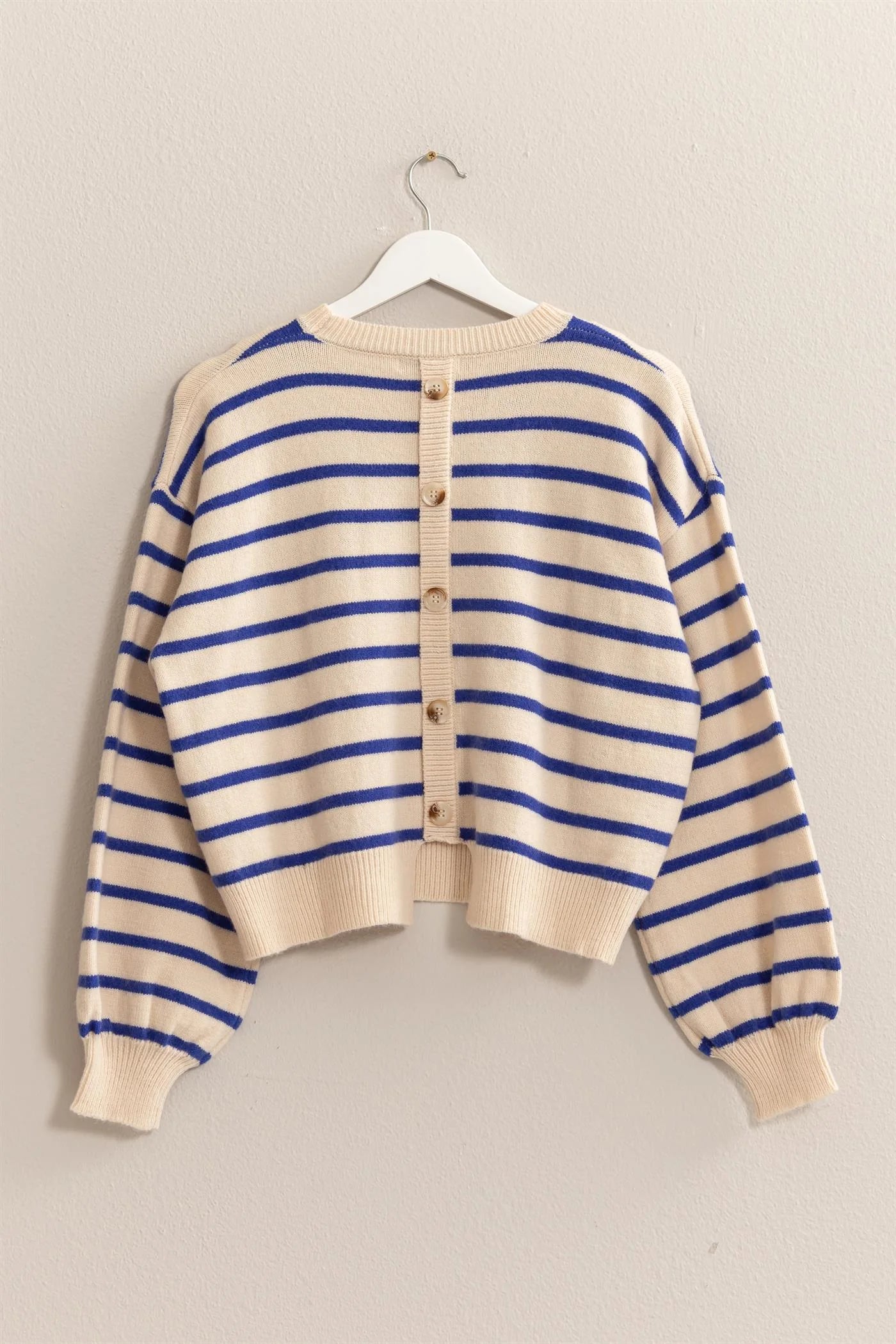 Hyfve Cobalt Stripe Sweater With Back Button Detail-Sweaters-Hyfve-Deja Nu Boutique, Women's Fashion Boutique in Lampasas, Texas