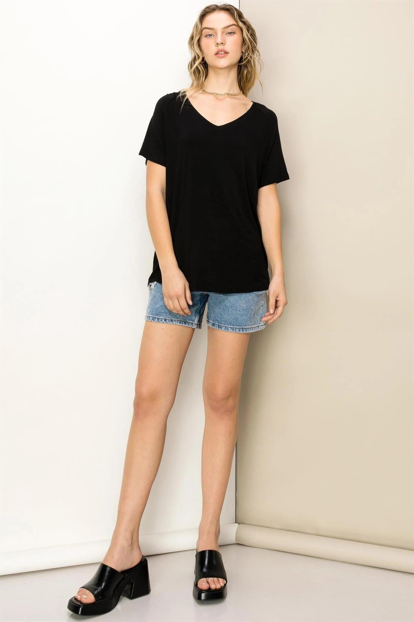 Hyfve Double Zero Always Late Oversized V-Neck Tee In Black-Short Sleeves-Hyfve-Deja Nu Boutique, Women's Fashion Boutique in Lampasas, Texas