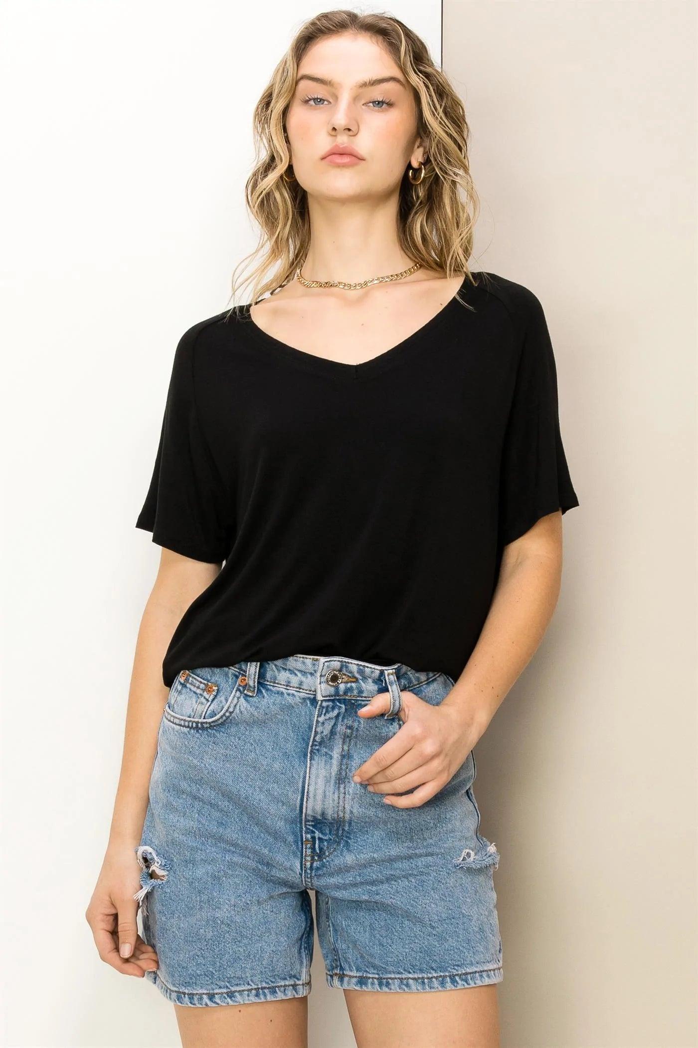 Hyfve Double Zero Always Late Oversized V-Neck Tee In Black-Short Sleeves-Hyfve-Deja Nu Boutique, Women's Fashion Boutique in Lampasas, Texas