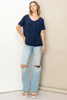 Hyfve Double Zero Always Late Oversized V-Neck Tee In Dark Night-Short Sleeves-Hyfve-Deja Nu Boutique, Women's Fashion Boutique in Lampasas, Texas