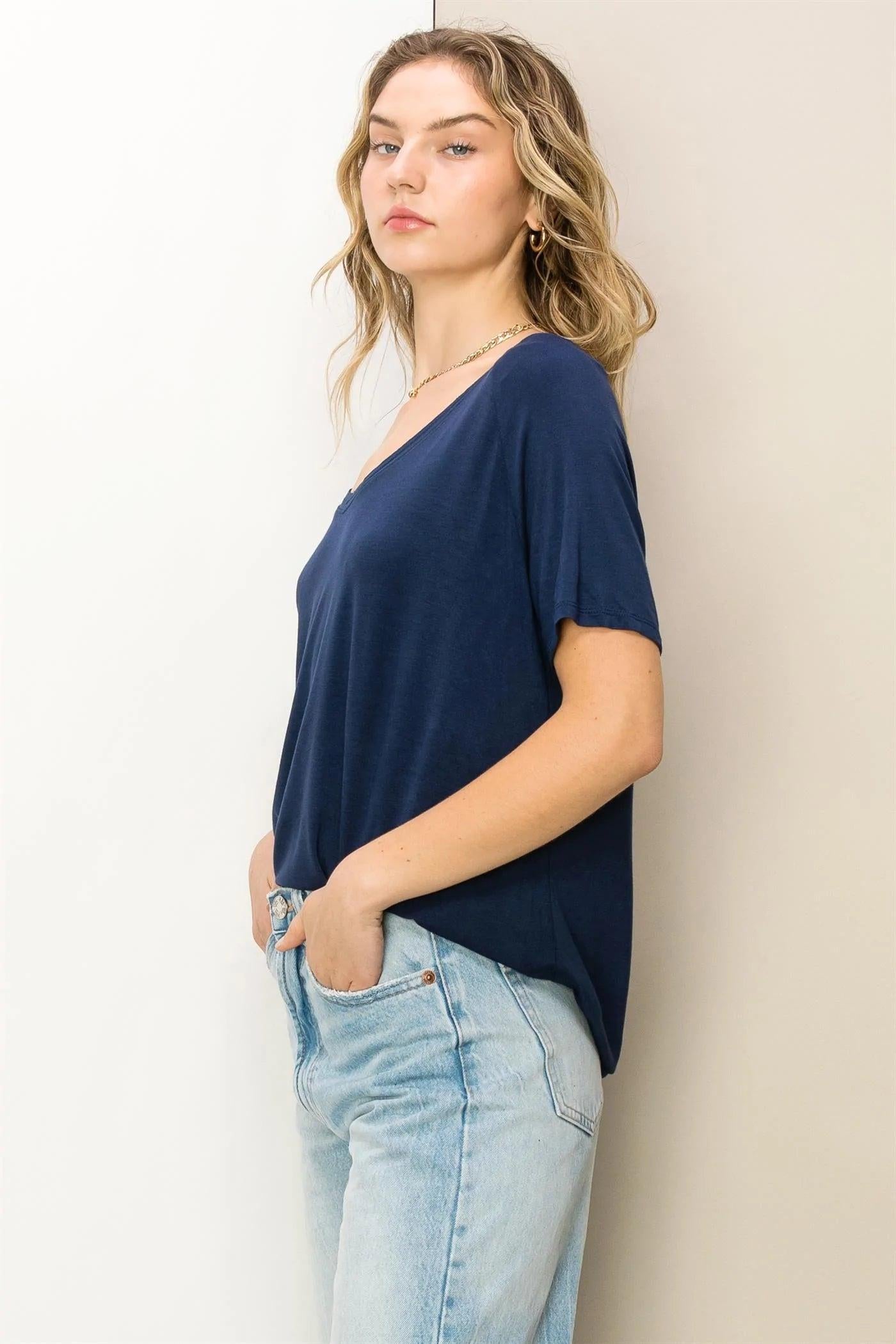 Hyfve Double Zero Always Late Oversized V-Neck Tee In Dark Night-Short Sleeves-Hyfve-Deja Nu Boutique, Women's Fashion Boutique in Lampasas, Texas